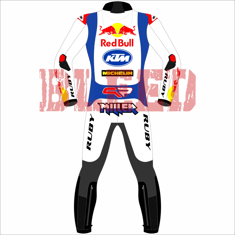 A detailed back view of the Jack Miller Red Bull KTM 2024 race suit for the British Grand Prix, featuring sponsor logos from Red Bull, KTM, and Michelin with a sleek, aerodynamic design