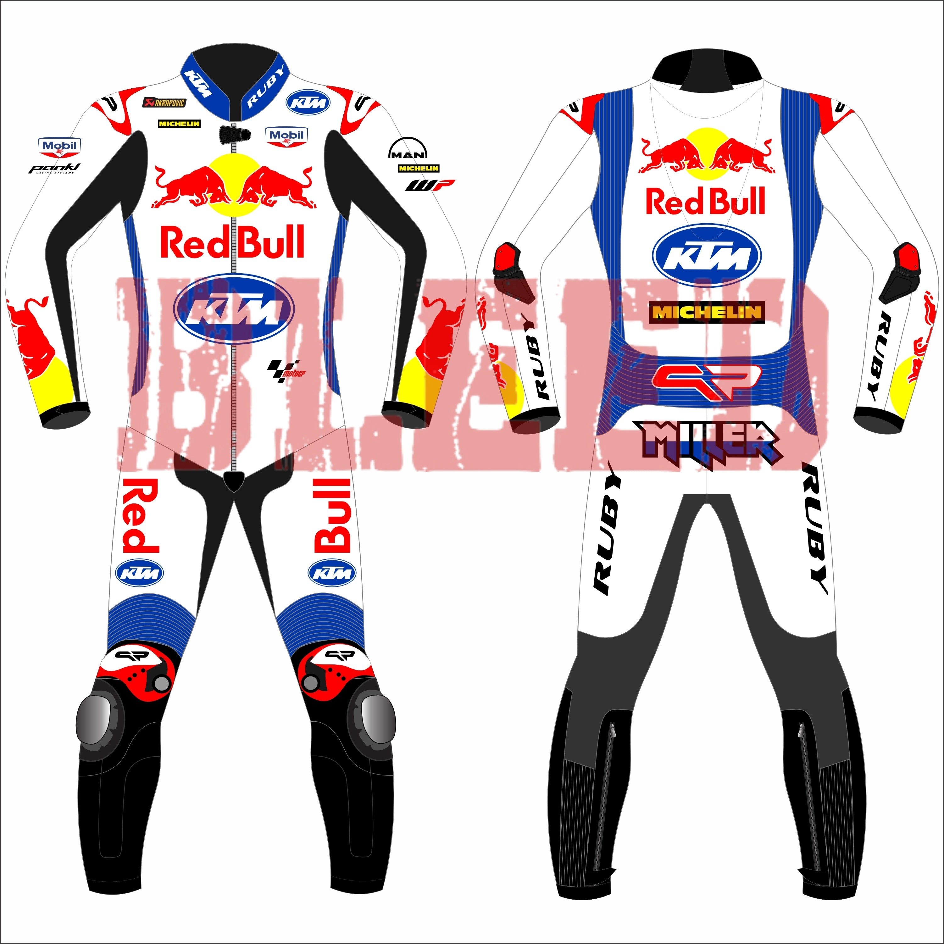 A front and back view comparison of the Jack Miller Red Bull KTM 2024 British GP race suit, showcasing sponsor logos, vibrant color schemes, and protective elements for maximum performance on the track