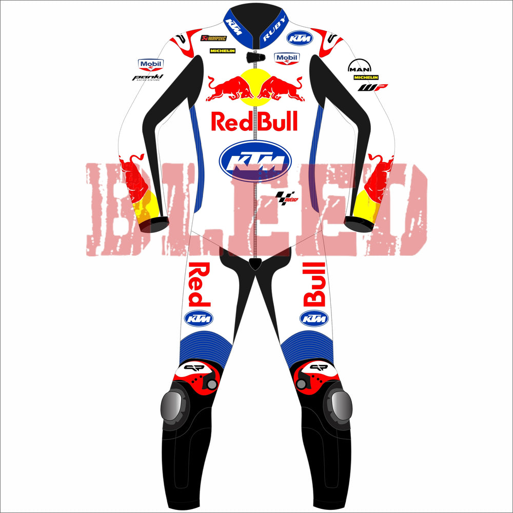 A close-up of the front view of the Jack Miller Red Bull KTM 2024 race suit for the British Grand Prix, highlighting logos from Red Bull, KTM, and other key sponsors, with bold colors and reinforced padding for rider protection.