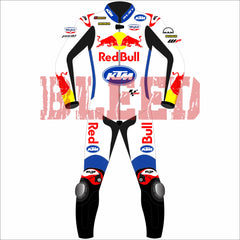 A close-up of the front view of the Jack Miller Red Bull KTM 2024 race suit for the British Grand Prix, highlighting logos from Red Bull, KTM, and other key sponsors, with bold colors and reinforced padding for rider protection.