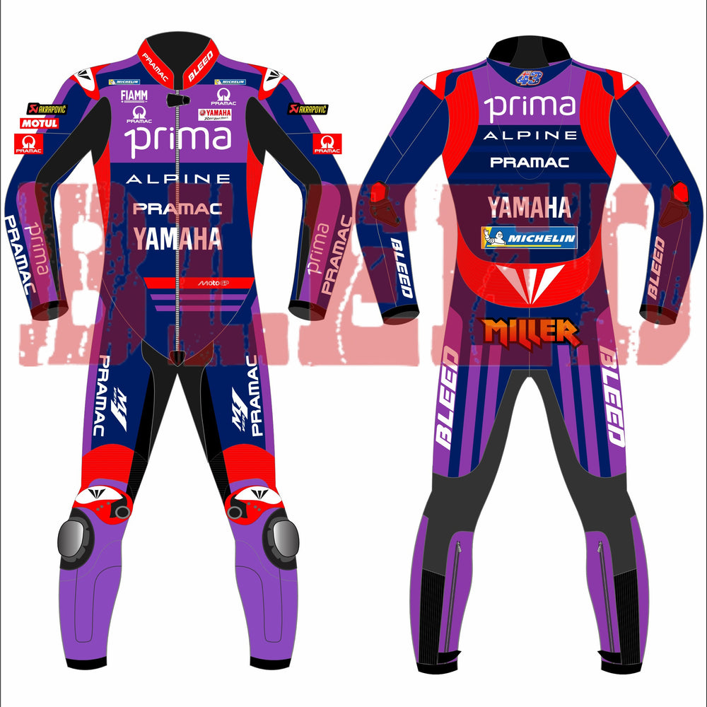Front and rear views of the Prima Pramac Yamaha MotoGP 2025 racing suit for rider Jack Miller, displaying prominent sponsor logos such as Prima on the chest and back, along with Alpine, Pramac, Yamaha, and the newly added "BLEED" logo on the arms and legs. The suit is primarily blue with red and purple accents. The back of the suit clearly shows the rider name "MILLER"
