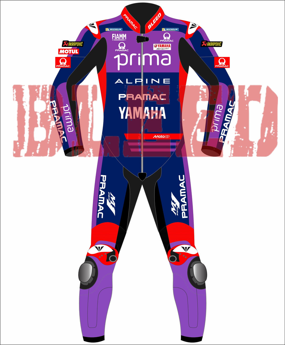 Front view of the Prima Pramac Yamaha MotoGP 2025 racing suit for rider Jack Miller, displaying prominent sponsor logos such as Prima on the chest and back, along with Alpine, Pramac, Yamaha, and the newly added "BLEED" logo on the arms and legs. The suit is primarily blue with red and purple accents. The back of the suit clearly shows the rider name "MILLER"