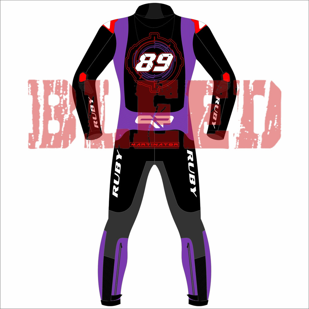 Back view of Jorge Martin's 2025 MotoGP racing suit, showcased during the Barcelona winter test. The suit boasts a bold design combining blue, white, and red, complemented by black accents. The number 89 is prominently positioned on both the chest and back. Various sponsor logos are featured, including Pramac Racing and Ducati. The suit is equipped with protective padding on the knees and elbows, along with additional branding on the arms and legs. Its design embodies a sleek, contemporary 