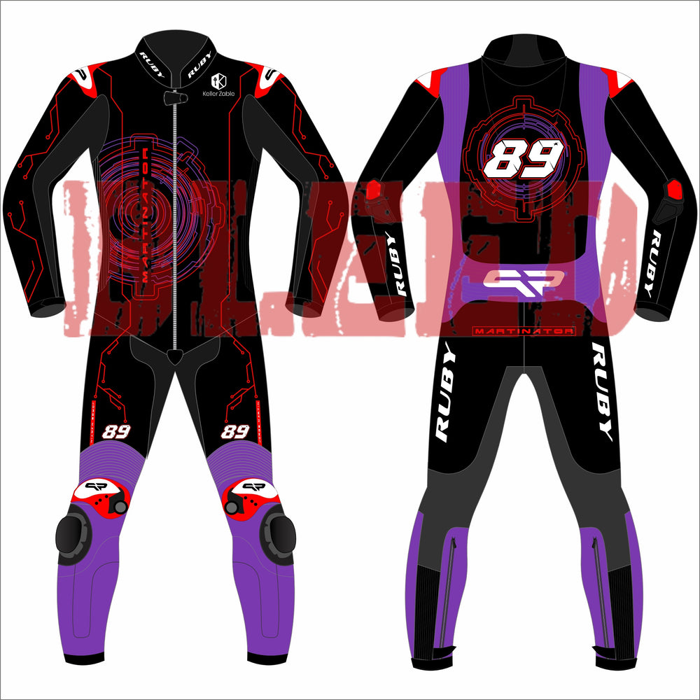 A front and back view of Jorge Martin's 2025 MotoGP racing suit, showcased during the Barcelona winter test. The suit boasts a bold design combining blue, white, and red, complemented by black accents. The number 89 is prominently positioned on both the chest and back. Various sponsor logos are featured, including Pramac Racing and Ducati. The suit is equipped with protective padding on the knees and elbows, along with additional branding on the arms and legs.