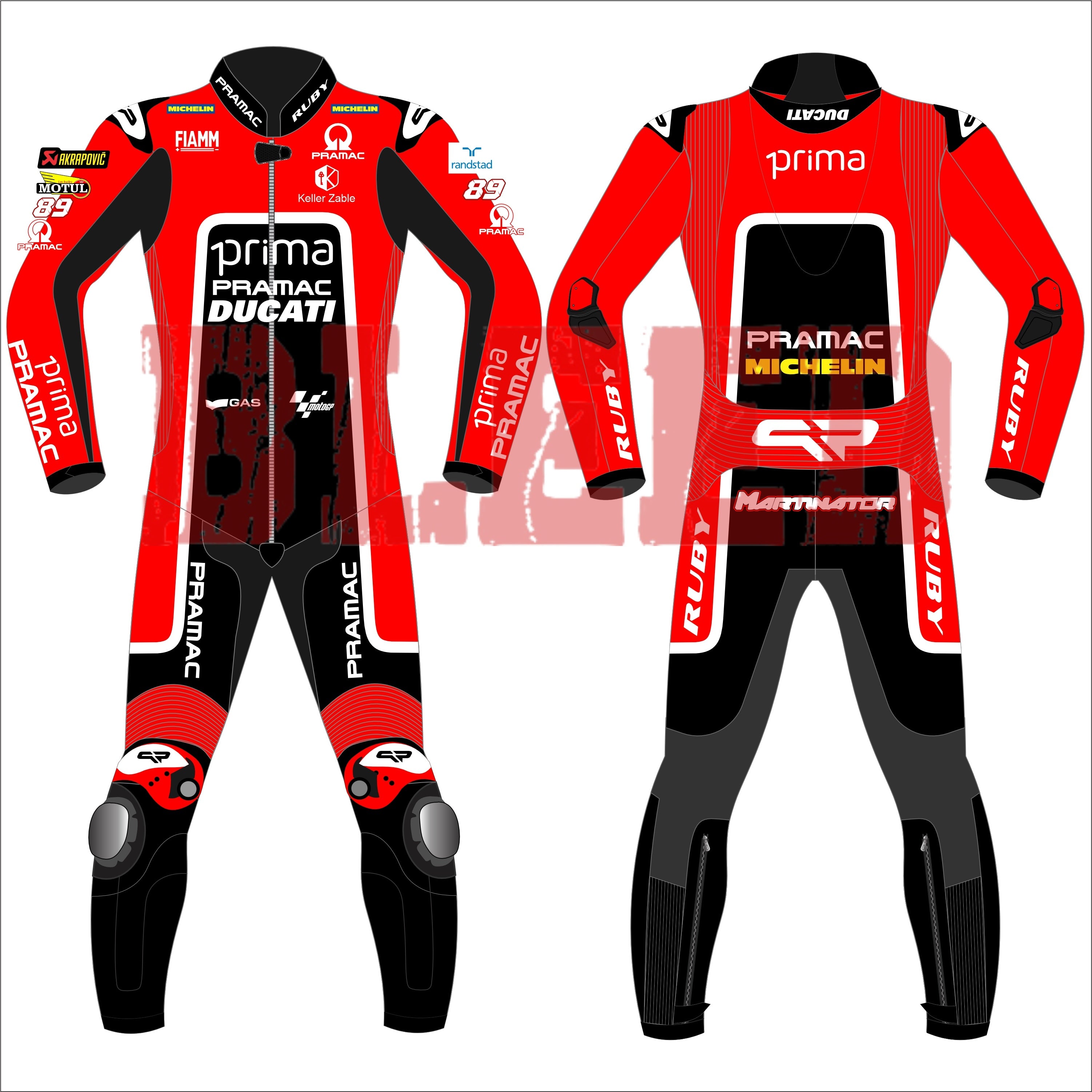 Jorge Martin's 2024 Pramac Race Suit for the British GP, shown in front and back views. The suit is predominantly red with 'PRIMA PRAMAC DUCATI' branding on the chest, complemented by sponsor logos including Michelin, FIAMM, and the number 89. The back features a black panel with additional logos, including 'PRIMA PRAMAC' and 'MICHELIN.' The suit includes protective padding at the knees and elbows, designed for optimal safety during high-speed racing events.