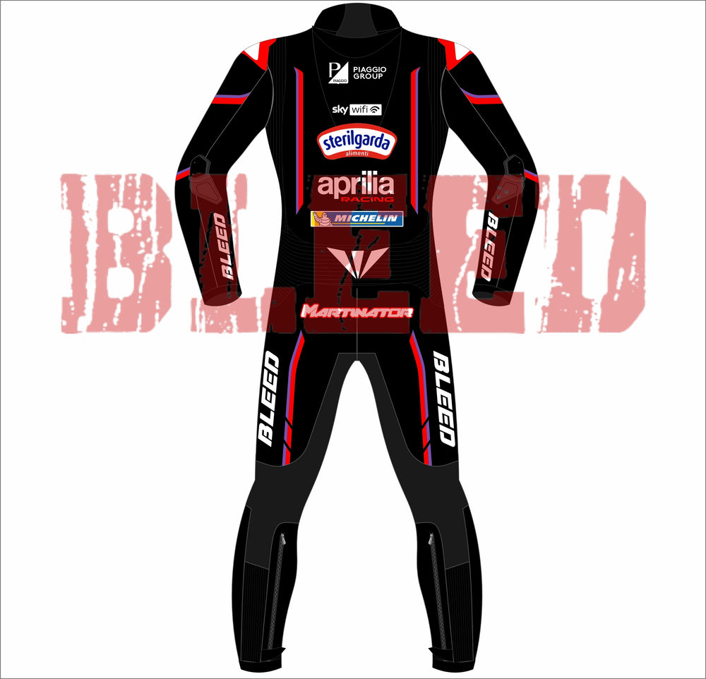 Rear view of Jorge Martin Aprilia MotoGP 2025 race suit in black and red, featuring sponsor logos from Sterilgarda, Aprilia Racing, and Michelin. Showcases BLEED branding on sleeves and legs, with MARTINATOR label on the lower back.