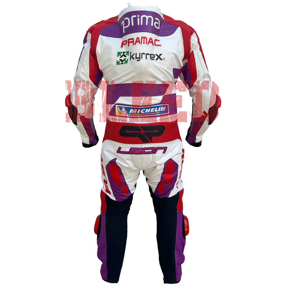 Back view of the 2023 Ducati Pramac MotoGP Racing Leather Suit worn by Jorge Martin. The suit features sponsor logos from Prima, Pramac, Kyrrrex, and Michelin, with Jorge Martin's number '89' on the lower back. The red, purple, and white design includes reinforced padding on the elbows and knees for enhanced protection during high-performance racing.