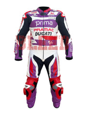 Front view of the 2023 Ducati Pramac MotoGP Racing Leather Suit worn by Jorge Martin. The suit features a bold purple, red, and white design with sponsor logos, including Prima, Pramac, and Ducati. Equipped with protective knee and elbow pads, this high-performance suit is designed for professional motorcycling safety