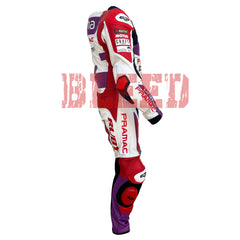 Right side view of the 2023 Ducati Pramac MotoGP Racing Leather Suit worn by Jorge Martin. The suit features a red, purple, and white design with sponsor logos such as Pramac, Motul, and Akrapovic. The suit includes reinforced padding on the elbows and knees for enhanced protection during high-speed racing.