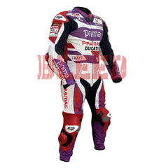 Side view of the 2023 Ducati Pramac MotoGP Racing Leather Suit worn by Jorge Martin. Featuring a purple, red, and white color scheme with sponsor logos such as Prima, Pramac, and Ducati. The suit includes reinforced padding on the knees and elbows for enhanced protection during high-performance motorcycling