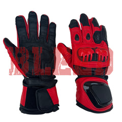 Rear and front view of the Jorge Martin MotoGP 2024 Race Gloves in red and black. These gloves are designed for professional racing, featuring reinforced knuckle protection, padded palms, and secure wrist closures. The gloves offer enhanced grip, flexibility, and durability, making them ideal for high-speed MotoGP competition.