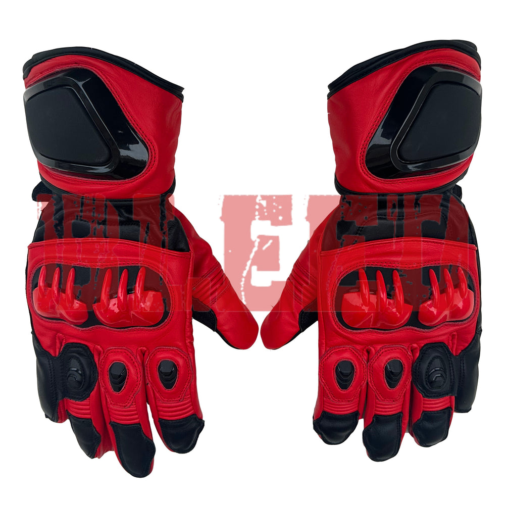 Jorge Martin MotoGP 2024 Race Gloves in striking red and black leather. These high-performance gloves feature enhanced knuckle protection, reinforced stitching, and aerodynamic design, ideal for professional racing. The gloves are designed with comfort and safety in mind, providing a secure grip and maximum flexibility for MotoGP riders