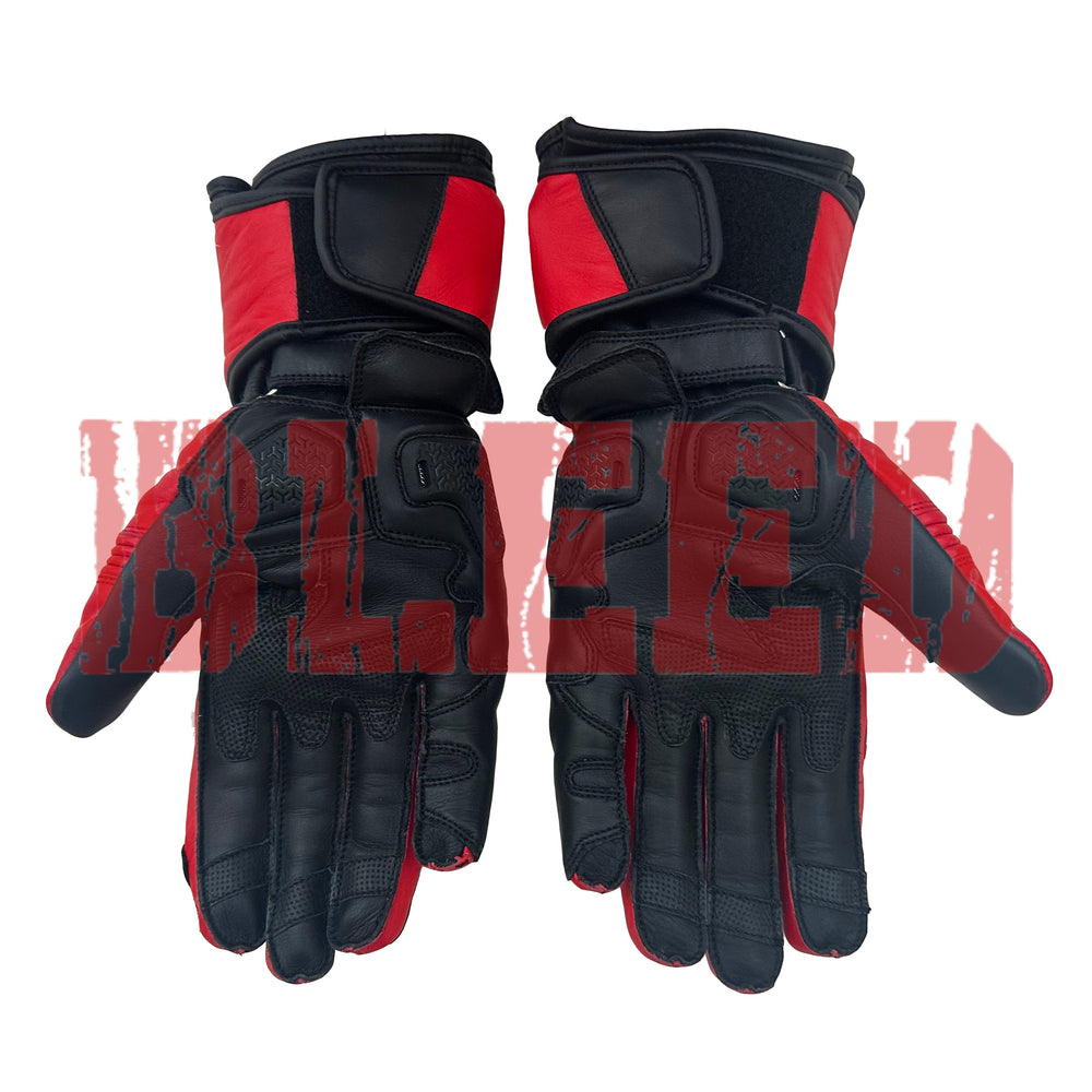 Jorge Martin MotoGP 2024 racing gloves in black and red, featuring adjustable wrist straps, enhanced grip, and reinforced protection. Premium motorcycle gloves designed for MotoGP racers and biking enthusiasts