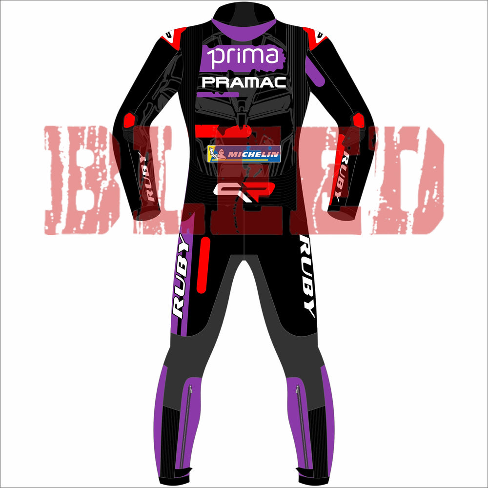 Back view of Jorge Martin's MotoGP racing suit. Showcasing a striking black, purple, red, and white design with sponsor logos from Pramac Racing and Ducati, protective knee and elbow padding, and the prominent number 89.