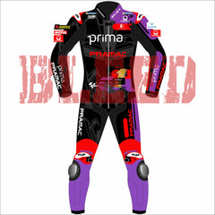 Front view of Jorge Martin's MotoGP racing suit. Showcasing a striking black, purple, red, and white design with sponsor logos from Pramac Racing and Ducati, protective knee and elbow padding, and the prominent number 89.