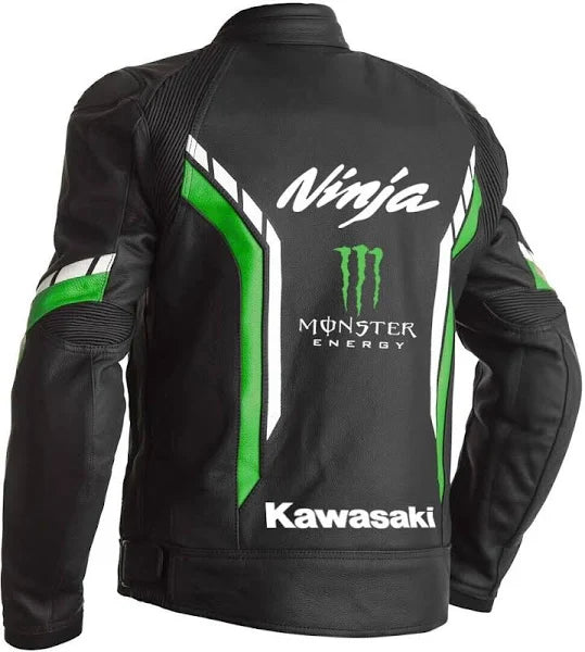 Men's Kawasaki Monster Energy Ninja leather motorcycle jacket, black and green premium racing gear with Kawasaki logo and Monster Energy design.