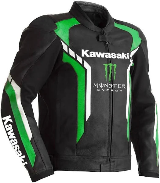 Men's Kawasaki Monster Energy Ninja leather motorcycle jacket, black and green premium racing gear with Kawasaki logo and Monster Energy design.