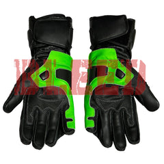 Palm View of Monster Energy Racing Gloves with a sleek black design, highlighted by vibrant green and red accents. Featuring the iconic Monster Energy logo on the wrist and protective padding on the knuckles and fingers, these gloves are crafted from durable materials to provide superior grip and control, making them perfect for professional racers and motorsport enthusiasts.