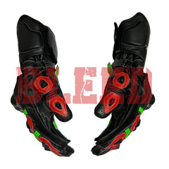 Side Grip View of Monster Energy Racing Gloves with a sleek black design, highlighted by vibrant green and red accents. Featuring the iconic Monster Energy logo on the wrist and protective padding on the knuckles and fingers, these gloves are crafted from durable materials to provide superior grip and control, making them perfect for professional racers and motorsport enthusiasts.