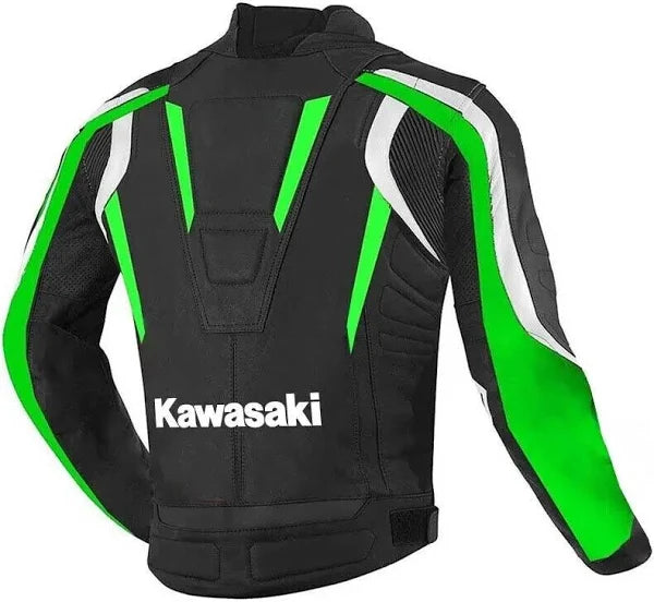Back view of Kawasaki motorcycle leather jacket in black and green, premium cowhide biker jacket for racing and street riding, stylish and durable motorbike gear.