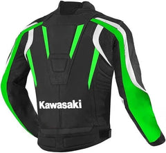 Back view of Kawasaki motorcycle leather jacket in black and green, premium cowhide biker jacket for racing and street riding, stylish and durable motorbike gear.