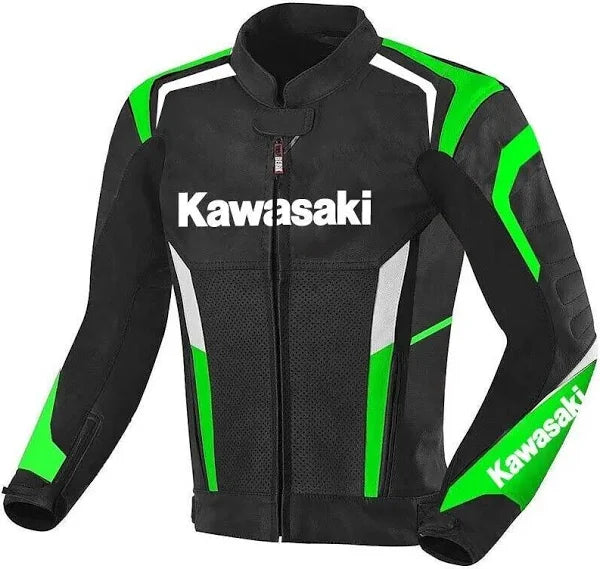 Front view of Kawasaki motorcycle leather jacket in black and green, premium cowhide biker jacket for racing and street riding, stylish and durable motorbike gear.