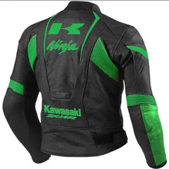 Back view of Black and green Kawasaki Ninja leather motorcycle jacket for men, crafted from genuine cowhide leather, featuring Kawasaki ZX14R branding for dedicated riders.