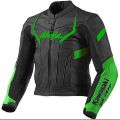 Front view of Black and green Kawasaki Ninja leather motorcycle jacket for men, crafted from genuine cowhide leather, featuring Kawasaki ZX14R branding for dedicated riders.