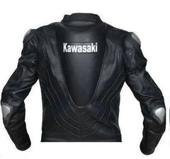 Back View of Kawasaki motorcycle leather jacket in black with a large "Kawasaki" logo across the upper back. The jacket has detailed stitching along the back that adds texture and style, along with protective silver patches on the shoulders. The deep U-shaped panel and ergonomic contours provide both aesthetic appeal and functional protection for riders.