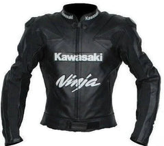 Front View of Kawasaki Ninja motorcycle leather jacket in black with a streamlined, sporty design. The chest features bold "Kawasaki" and "Ninja" logos in contrasting white, giving a striking, high-contrast look. The jacket includes structured shoulder panels and padding for enhanced durability and protection, perfect for motorcyclists