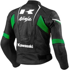 Back view of Black Kawasaki Ninja leather motorcycle jacket, premium cowhide with green and white details, protective and stylish biker gear for Kawasaki Motorbike Riders