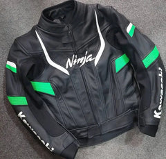 Full view of Black Kawasaki Ninja leather motorcycle jacket, premium cowhide with green and white details, protective and stylish biker gear for Kawasaki Motorbike Riders