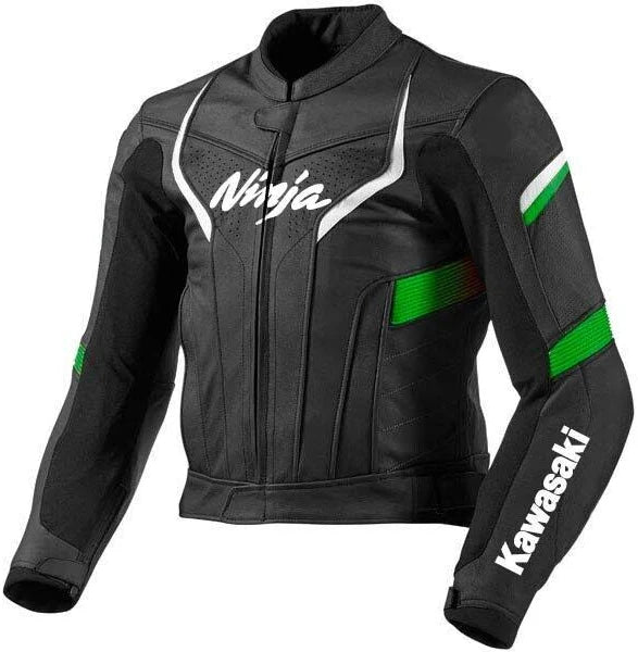 Front view of Black Kawasaki Ninja leather motorcycle jacket, premium cowhide with green and white details, protective and stylish biker gear for Kawasaki Motorbike Riders