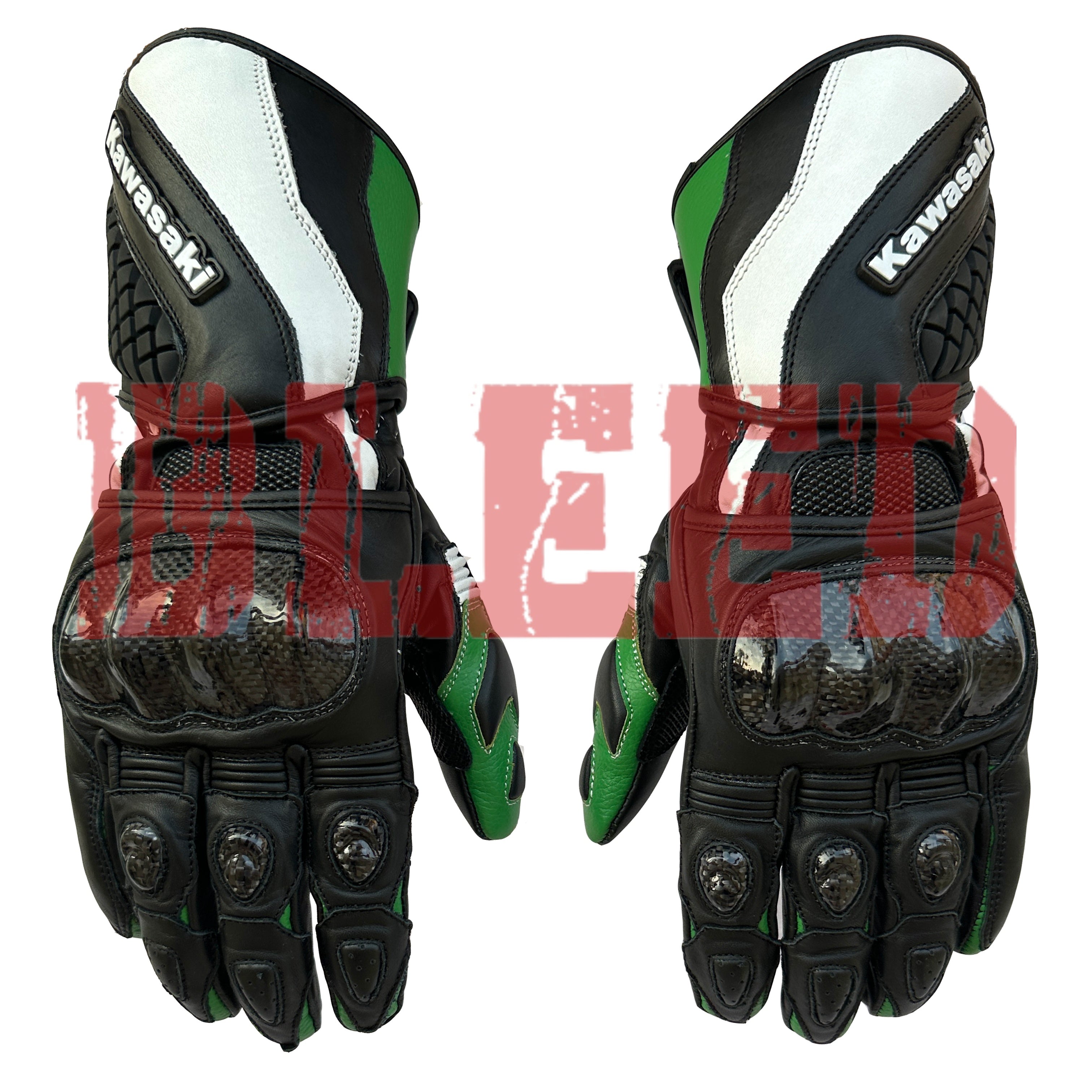 Front View of Kawasaki Motorbike Leather Gloves – Black, Green, and White Design Featuring Carbon Fiber Knuckle Protection and Enhanced Grip for Safety and Comfort