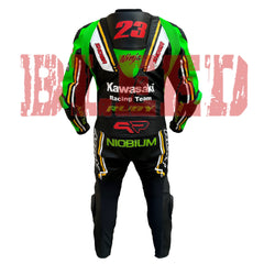 Back view of the Kawasaki Racing Team suit. Kawasaki Racing Team leather suit from the back, showcasing aerodynamic hump, red '23' graphic, and detailed branding.