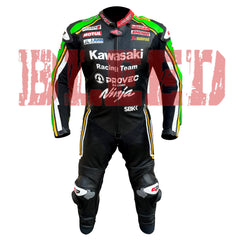 Front view of the Kawasaki Racing Team suit. High-performance Kawasaki Racing Team motorcycle suit with a sleek black design, vibrant green and white highlights, and prominent sponsor logos such as Provec and Ninja.