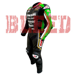 Side View of the Kawasaki Racing Team motorcycle suit, emphasizing the green-striped sleeve design, reinforced knee sliders, and bold Kawasaki logo placement.