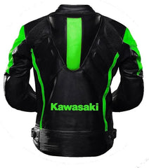 Back View of Kawasaki Ninja Motorcycle Jacket. Black leather jacket with a green accent stripe down the back and "Kawasaki" logo in green, designed for Kawasaki motorcycle enthusiasts.