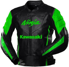 Kawasaki Ninja Racing Jacket Front View with Monster Energy Logo. Black leather motorcycle jacket featuring Kawasaki and Monster Energy logos in green and white, accented with green and white stripes for a sporty look.