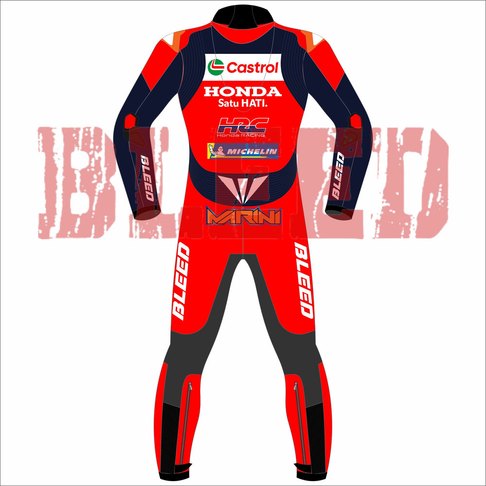 Rear view of the 2025 Luca Marini Honda Castrol MotoGP race suit by BLEED, in red and navy leather with HRC, Castrol, and Michelin sponsor logos, bold BLEED branding on arms and legs, and MARINI name patch on the lower back.