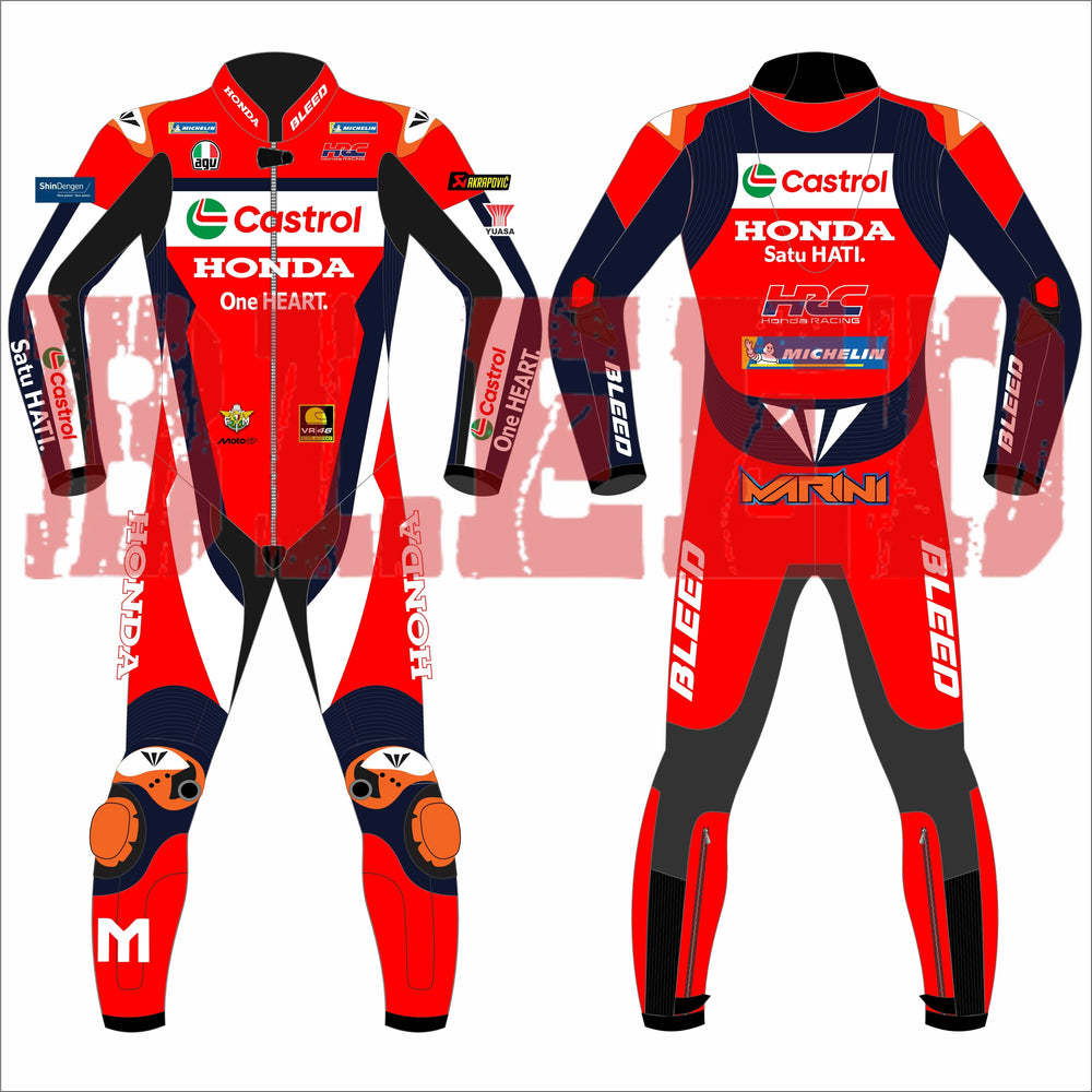 Complete front and back view of Luca Marini’s 2025 Honda Castrol MotoGP race suit in red and black, showing sponsor logos from Honda, Castrol, VR46, and Michelin, BLEED branding on sleeves and legs, armored knees, and MARINI label on the lower back.