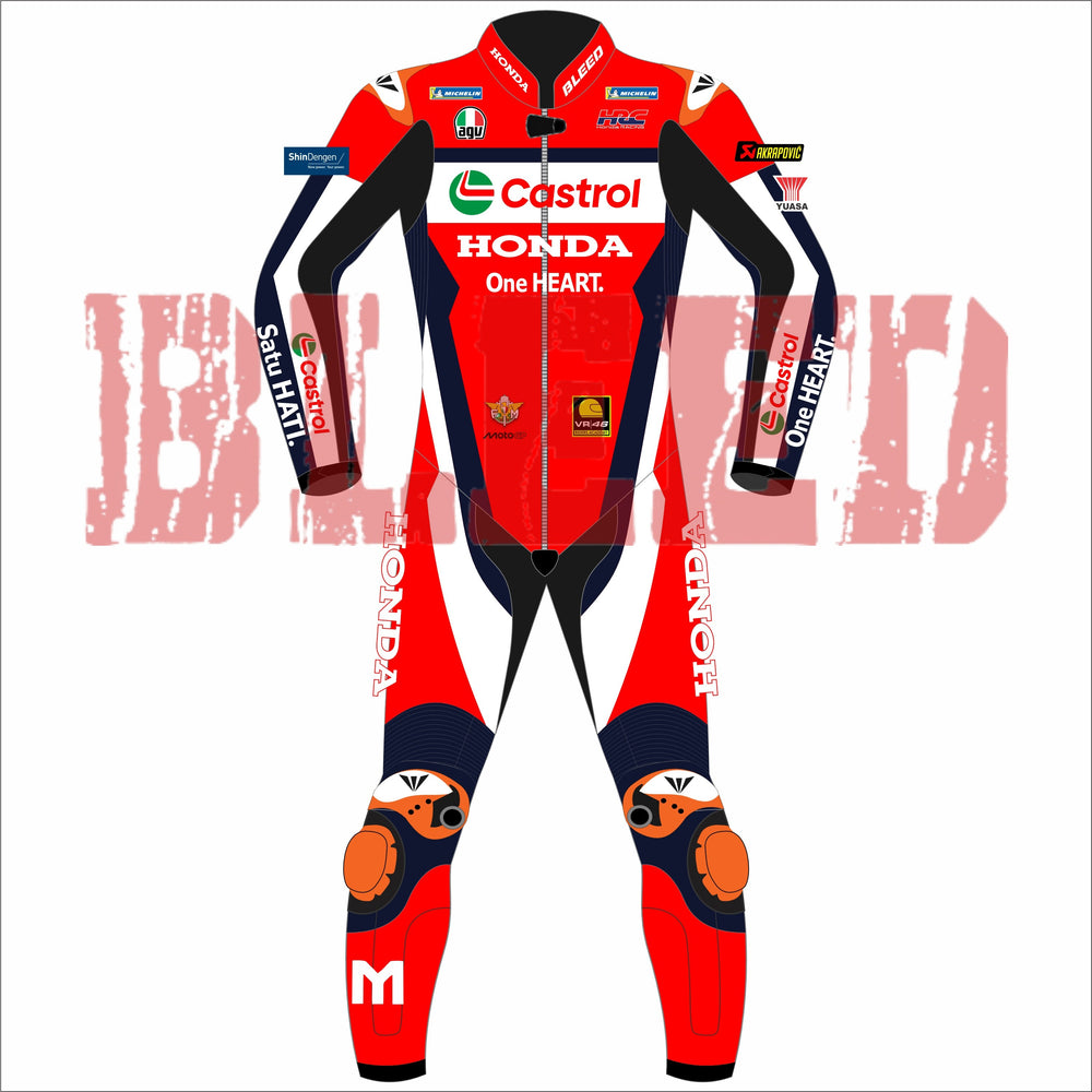 Front profile of Luca Marini 2025 MotoGP race suit designed by BLEED, featuring Castrol Honda branding, VR46 patch, and signature 'M' logo on the leg in a red, white, and navy layout built for elite-level performance and rider safety.