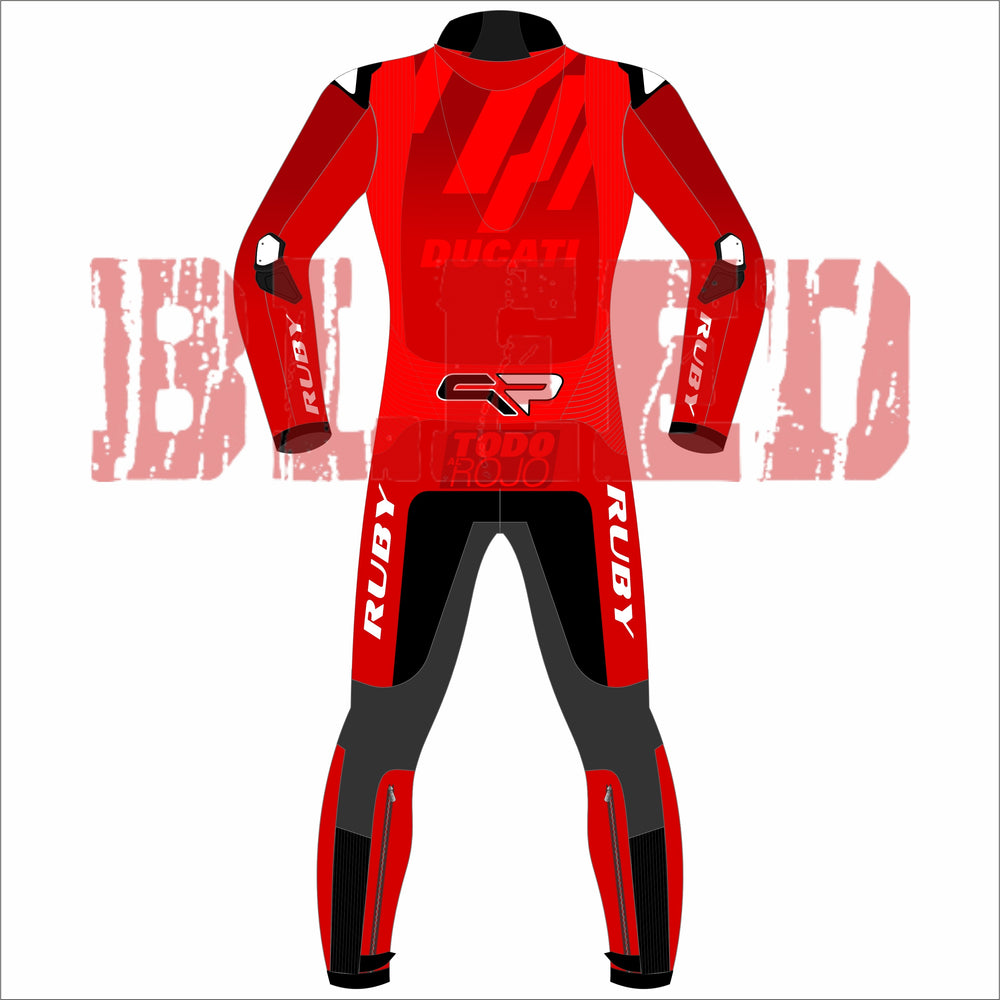 Back view of Marc Marquez 2025 Barcelona Winter Test MotoGP Racing Suit, showcasing red leather, the Ducati logo, number 93, and bold design patterns.