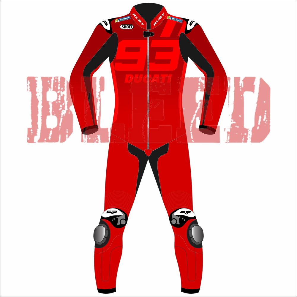 Front view of Marc Marquez 2025 Barcelona Winter Test MotoGP Racing Suit, featuring red leather, the Ducati logo, number 93, and bold design patterns.