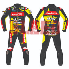 Front and rear view of the 2024 Marco Bezzechi VR46 Pertamina Enduro racing suit for the British GP, featuring vibrant yellow and black design and sponsor logos