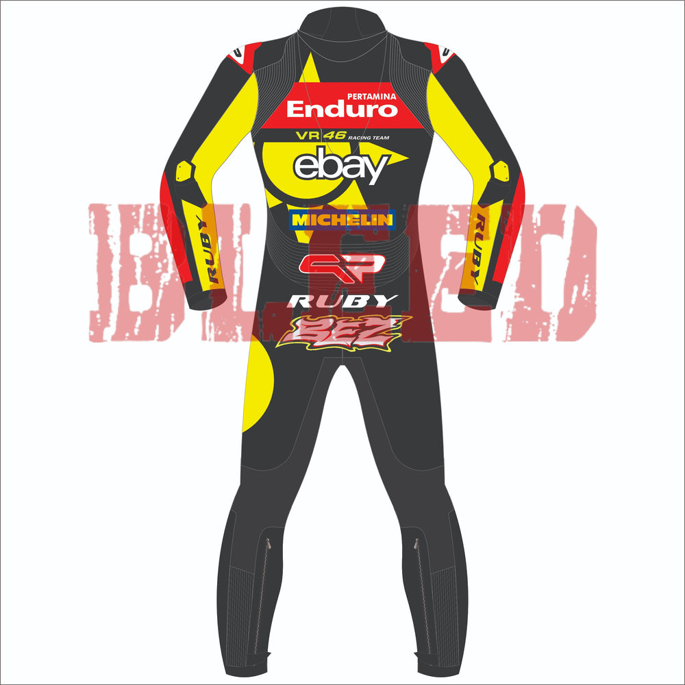 Back view of the 2024 Marco Bezzechi VR46 Pertamina Enduro racing suit for the British GP, featuring vibrant yellow and black design and sponsor logos.