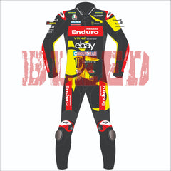 Front view of the 2024 Marco Bezzechi VR46 Pertamina Enduro racing suit for the British GP, featuring vibrant yellow and black design and sponsor logos.