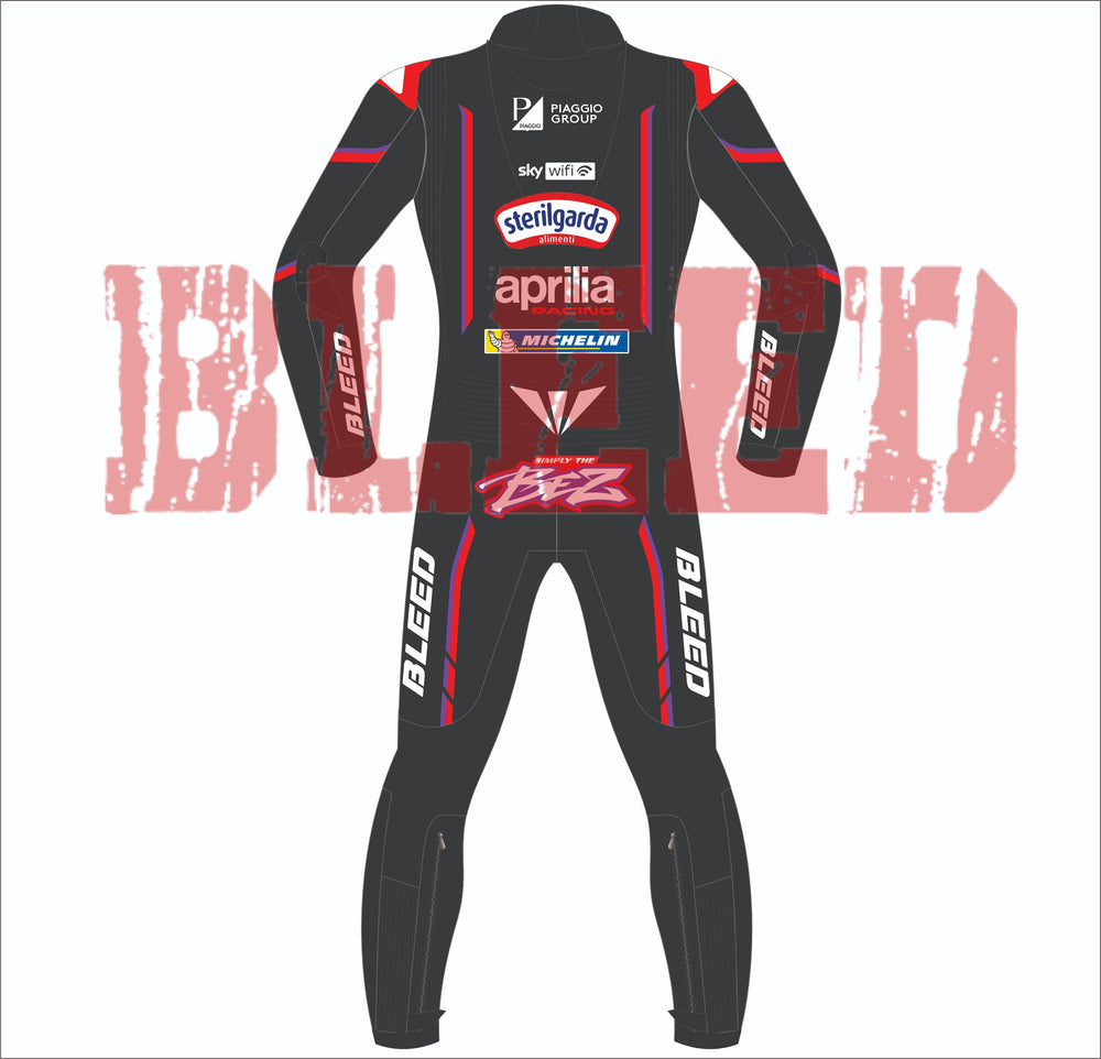 Rear view of the Marco Bezzecchi 2025 Aprilia Racing MotoGP leather suit, showcasing sponsor logos from Piaggio Group, Sterilgarda, Michelin, and Aprilia. BLEED branding appears on the arms and legs, with a stylized BEZZ logo on the lower back.