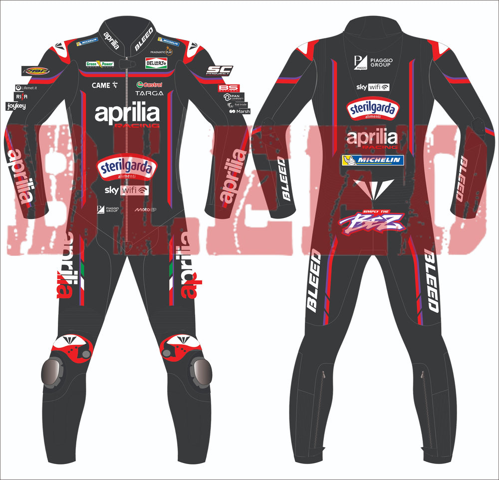 front and back image of Marco Bezzecchi's 2025 Aprilia MotoGP race suit, designed by BLEED. Features sponsor placements from Sterilgarda, Aprilia Racing, and Michelin, with reinforced padding on knees and the colorful 'BEZZ' graphic on the lower back.