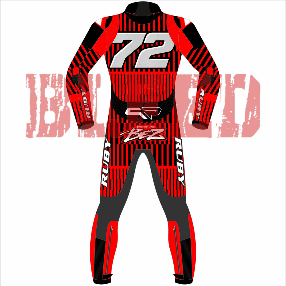 Marco Bezzecchi MotoGP Racing Suit from the 2025 Barcelona Winter Test, designed in red and black leather with the number 72 and bold patterns.